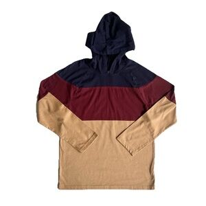 The Children's Place M (7/8) Long Sleeve Hooded Shirt Colorblock Tan Navy Boys